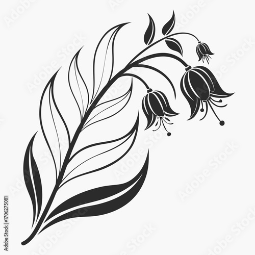 Elegant black silhouette of a delicate flowering branch with bell shaped flowers and flowing leaves against a clean white background representing nature and simplicity
