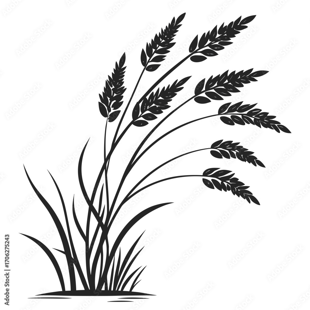 Naklejka premium A minimalist black silhouette of a cluster of wheat stalks and blades of grass against a stark white background symbolizing harvest and nature