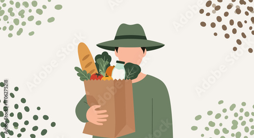 Person Holding a Paper Bag of Fresh Groceries in an Illustrated Scene with Abstract Design