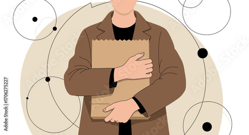 Person Holding Brown Paper Bag Isolated With Circular Abstract Elements Background Illustraton
