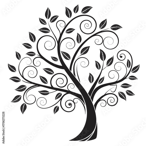 Stylized black tree silhouette with swirling branches and detailed leaves against a clean white background representing nature and growth