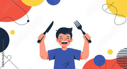 Person Holding Cutlery Up With Joyful Expression And Ready For Dinner Illustration