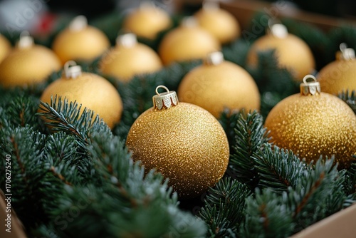 Golden Christmas balls. New Year decorations. Christmas toys and decor