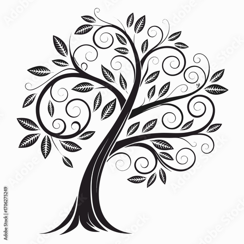 Elegant black stylized tree with swirling branches decorative leaves and ornate curls on a white background representing growth nature and art