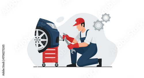 Mechanic Fixing Car Wheel Illustration Capturing Automotive Repair and Vehicle Maintenance