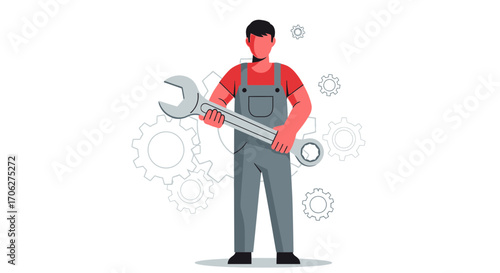Mechanic Holding a Wrench, Depicting Repair, Illustration and Technical Expertise