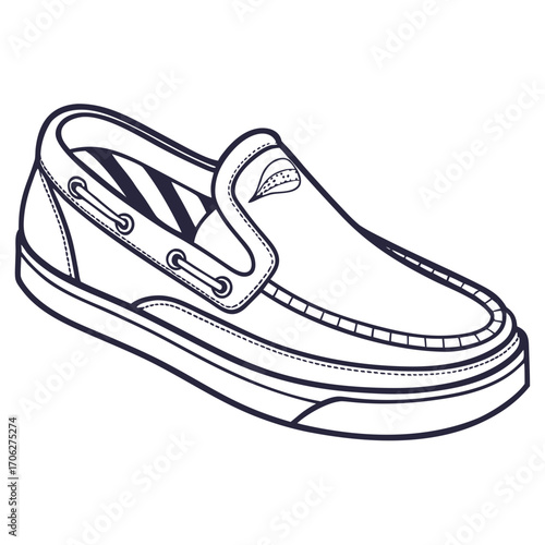 A clean minimalist line art illustration of a classic navy blue and white striped boat shoe perfect for nautical or summer fashion concepts