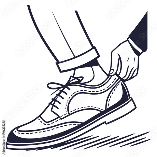 Close up of a person wearing smart trousers and putting on a classic brogue shoe with laces tied illustrating fashion and preparation