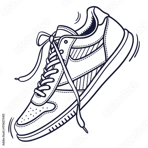 Dynamic line art illustration of a single sneaker with loose laces and motion lines conveying movement and energy