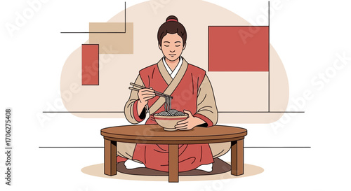 Person In Cultural Attire Relishing Noodles From A Wooden Bowl With Chopsticks