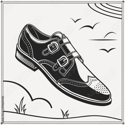 A detailed black and white illustration of a classic leather double monk strap shoe with brogue detailing floating above stylized grass and clouds with birds in the sky