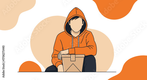 Person In Orange Hoodie Holding Package with Abstract Background Illustration