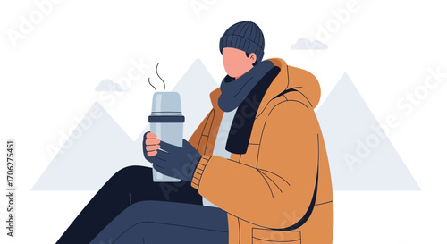 Person In Winter Attire With Winter Drink And Mountains In Background At Sunset Feeling Warm