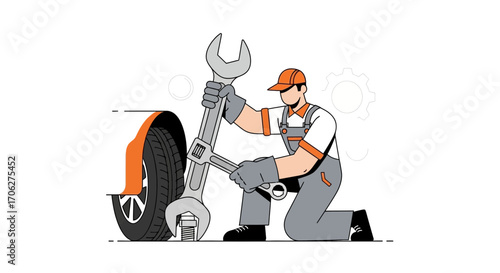 Mechanic Servicing Tire On Vehicle, Kneeling And Utilizing Large Tools For Auto Maintenance