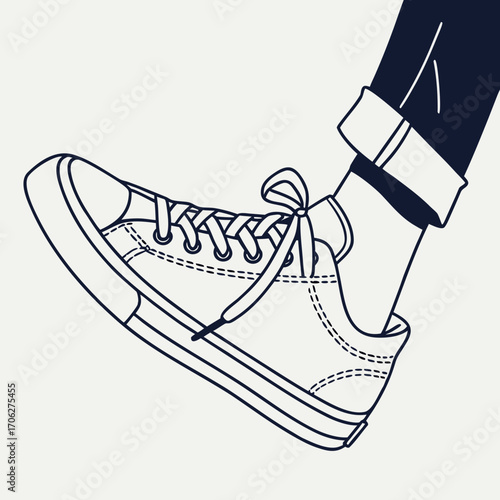 A minimalist line art illustration of a person s foot wearing a classic canvas sneaker with rolled up jeans and a sock against a plain background