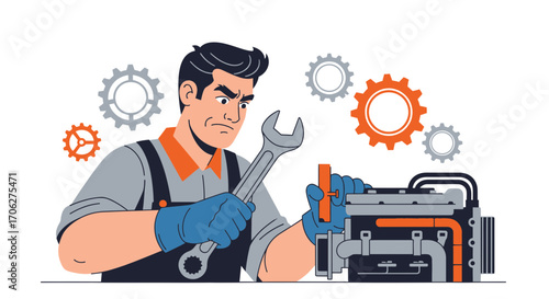 Mechanic Troubleshooting Engine Issues Shows Technical Skill And Determination In Working