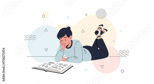 Person Intently Reading Book While Relaxing on Floor with Abstract Decorative Elements