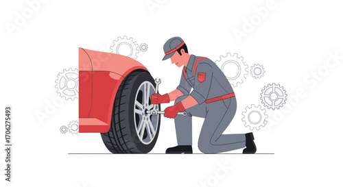 Mechanic Working on a Car Tire with Gears in the Background for Automotive Industry