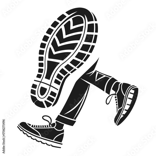 Dynamic black silhouette of a person running with a large shoe sole impression above symbolizing movement and activity