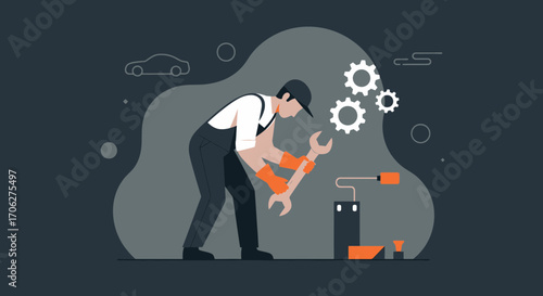 Mechanic Working On Mechanical Devices With Wrench, Car Silhouette, Graphic Illustration