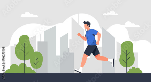 Person Jogging Outdoors with Earphones and Listening to Music with City Background