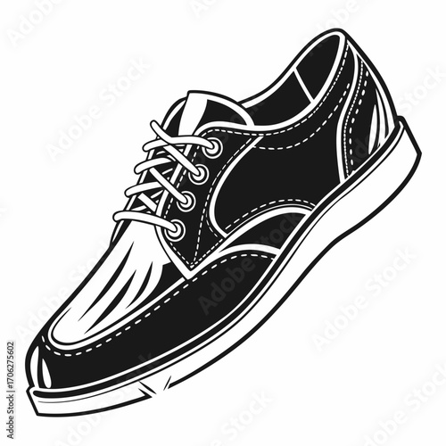 A classic black and white illustration of a stylish oxford shoe with white laces and stitching on a clean white background