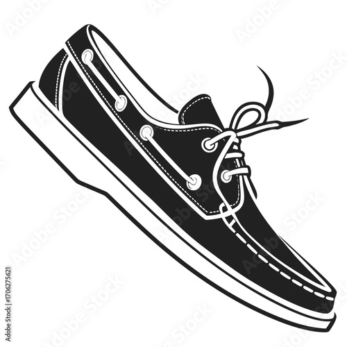 Classic black and white silhouette of a traditional boat shoe with laces tied in a bow on a clean white background