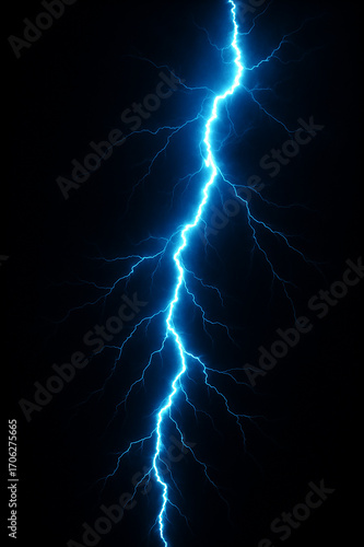 lightning in the night sky. Powerful blue lightning bolt against black background.
