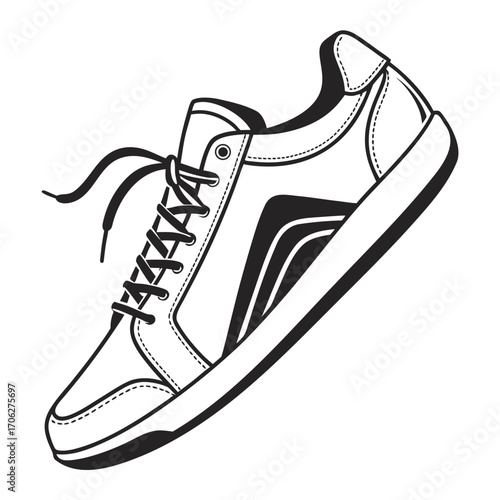 A minimalist black and white line art illustration of a single casual sneaker with laces isolated on a white background representing footwear and style