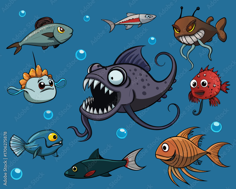 Naklejka premium Vector illustrations of diverse underwater marine life featuring cartoonish fish and ocean creatures vector