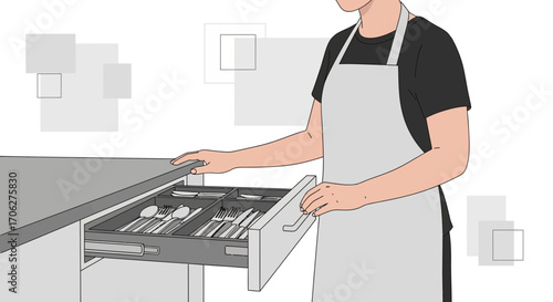 Person Opening Kitchen Utensil Drawer, Ready For Cooking, Illustrative Graphic Design