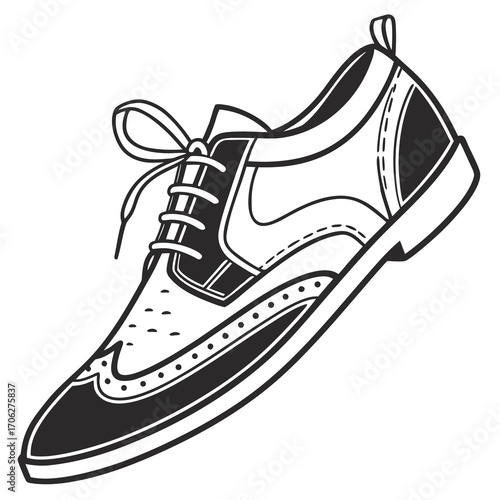 Classic black and white line art illustration of a detailed wingtip brogue oxford shoe with laces tied and a contrasting sole on a white background