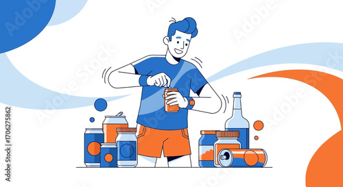 Person Opening Canned Product Surrounded By Beverages Cartoon Illustration Concept