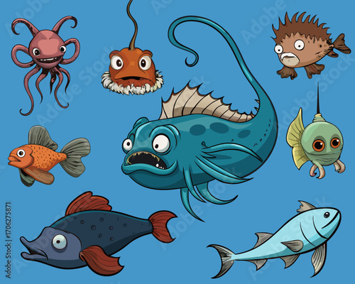 Whimsical vector collection of 10 unique deep sea creatures and fish illustrations vector