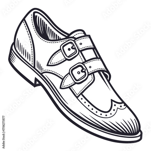 Elegant hand drawn black and white illustration of a classic double monk strap shoe with wingtip detailing and brogue perforations