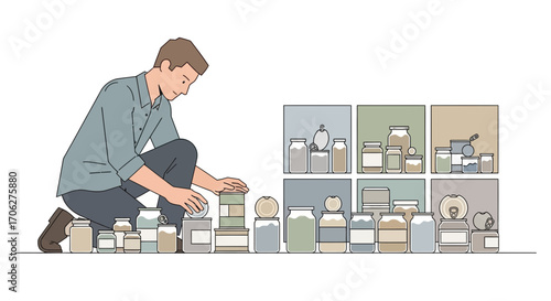 Person Organizing Jars and Cans in a Modern, Minimalist Style Illustration