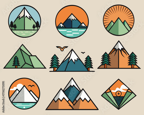 Majestic mountain collection vector logos for outdoor adventure branding and design elements vector