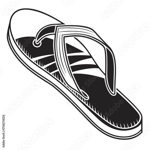 A black and white graphic illustration of a single stylish flip flop sandal viewed from an elevated perspective on a white background