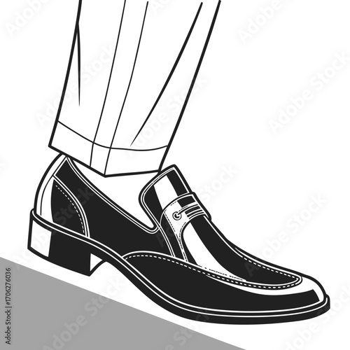 Close up illustration of a man s polished black loafer shoe with a folded cuff pant leg in a minimalist black and white style