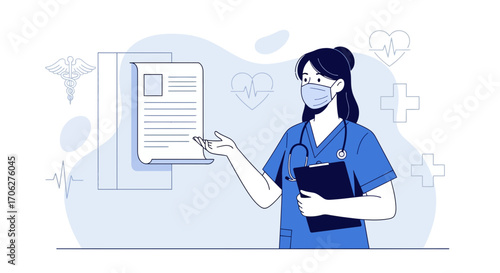 Medical Professional Explaining A Medical Report With Healthcare Symbols Present