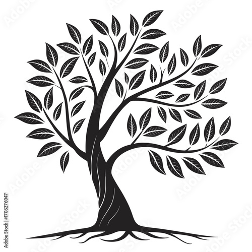 Stylized black silhouette of a deciduous tree with detailed leaves and visible roots against a clean white background representing growth and nature