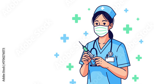 Medical Professional Holding a Syringe Ready For Injection, Vector Illustration on White