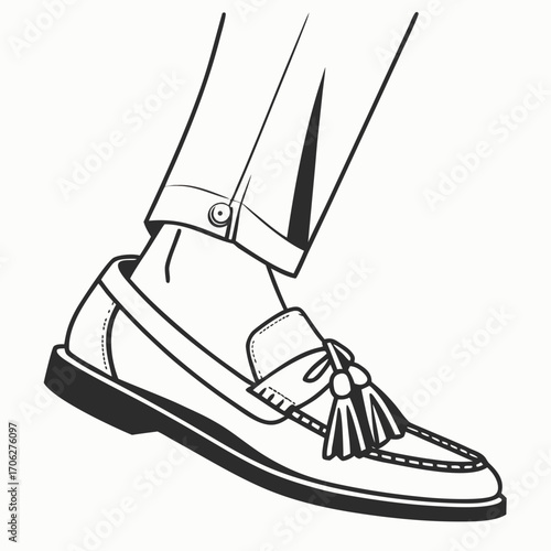 Close up of a stylish person wearing classic black tassel loafers and tailored trousers with buttoned cuffs presented in a clean line art illustration style