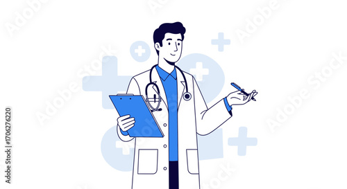 Medical Professional Posing With Clipboard And Pen, Blue And White Illustration Healthcare Concept