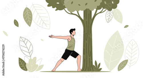 Person Practicing Yoga Under a Tree Amidst Green Foliage Against White Background
