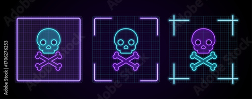 Danger skull icon illustration, cyber neon visual, glowing border grid vector.	