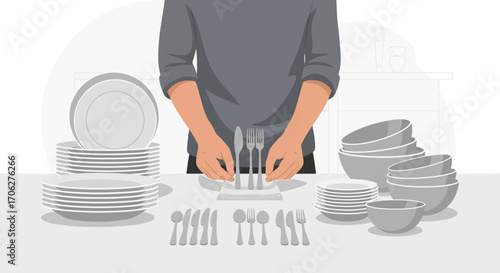 Person Preparing A Table With Utensils, Plates, And Tableware For Dining Experience