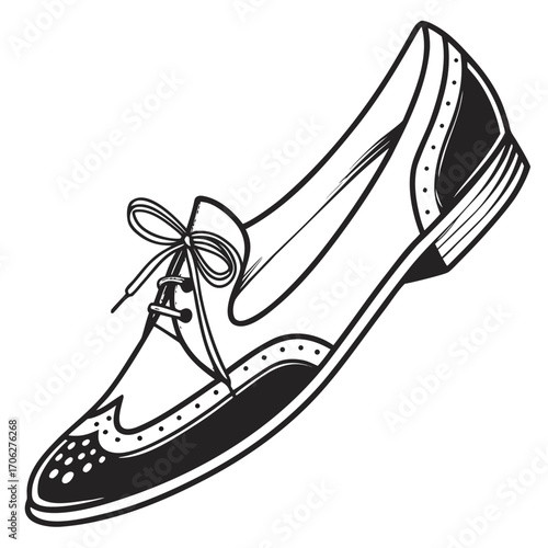 A classic black and white illustration of a wingtip brogue shoe with laces tied in a bow isolated on a white background showcasing vintage style