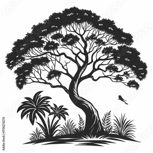 Silhouette of a large sprawling acacia tree with lush foliage accompanied by palm trees grasses and a small bird in flight set against a white background