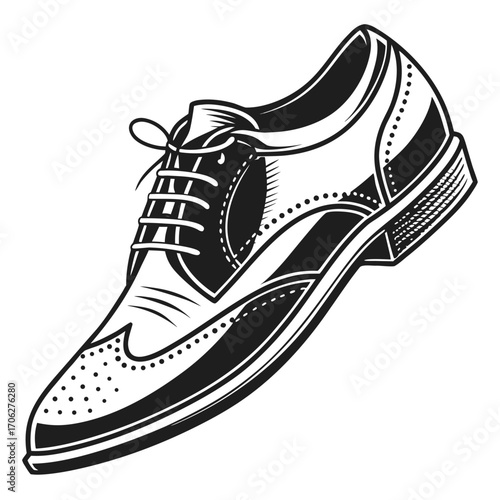 Classic black and white illustration of a wingtip brogue shoe with detailed stitching and perforations on a white background